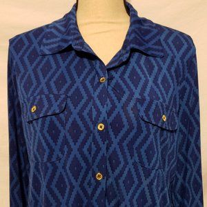 Jones New York Signature Women's Blouse Shirt Tonal Blue Geometric XL